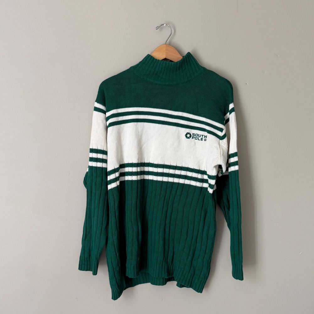 Y2K Southpole Striped Mock Neck Knit Sweater Green White Medium